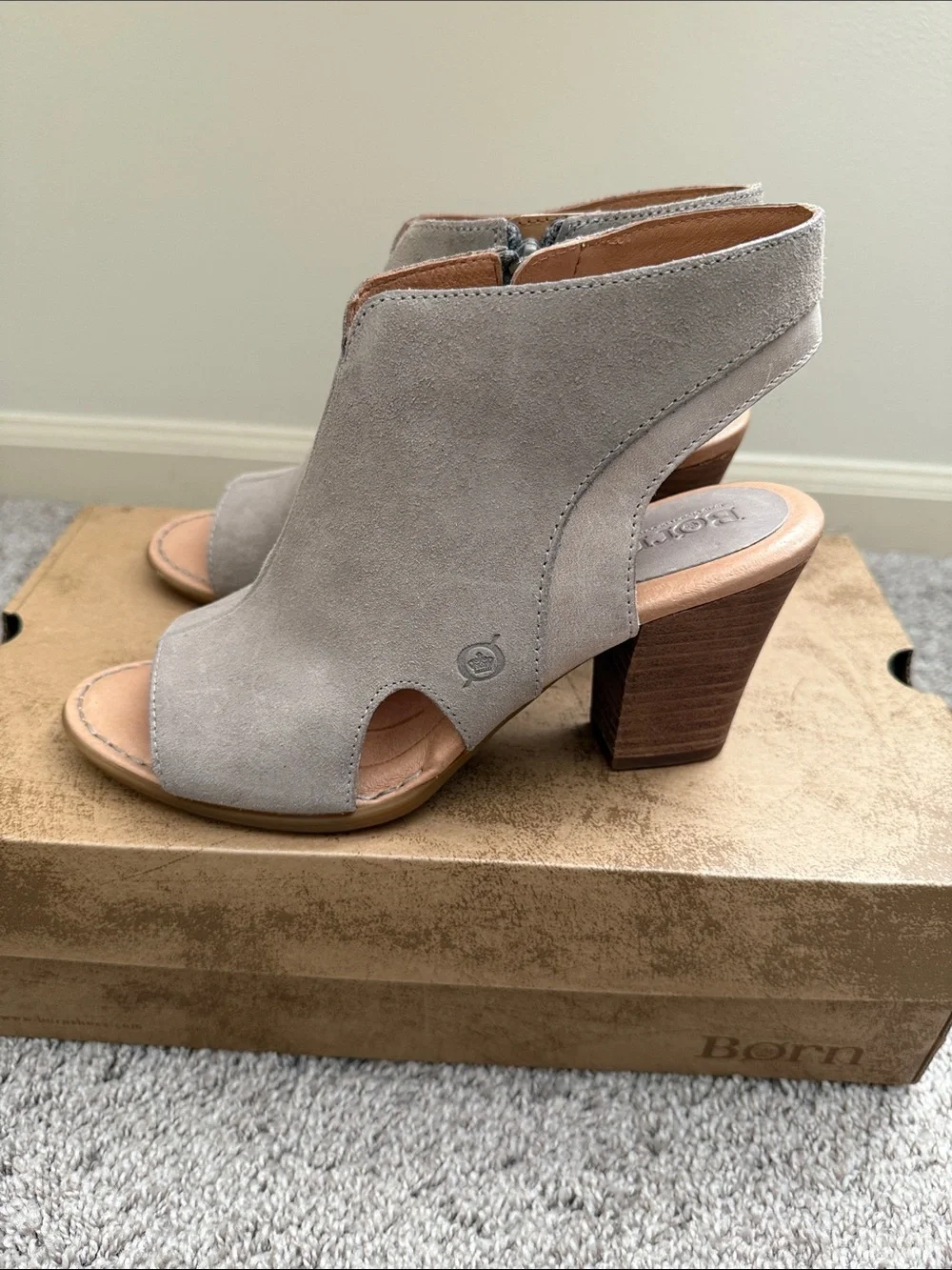 Born Women's Light Taupe Suede Peep-Toe Block Heel Sandals
